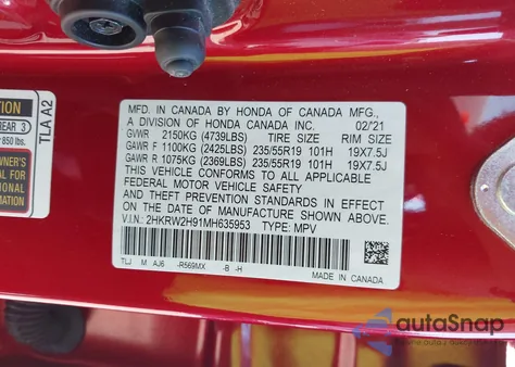 2021 Honda Cr-V Awd Touring from USA, damaged, VIN 2HKRW2H91MH635953